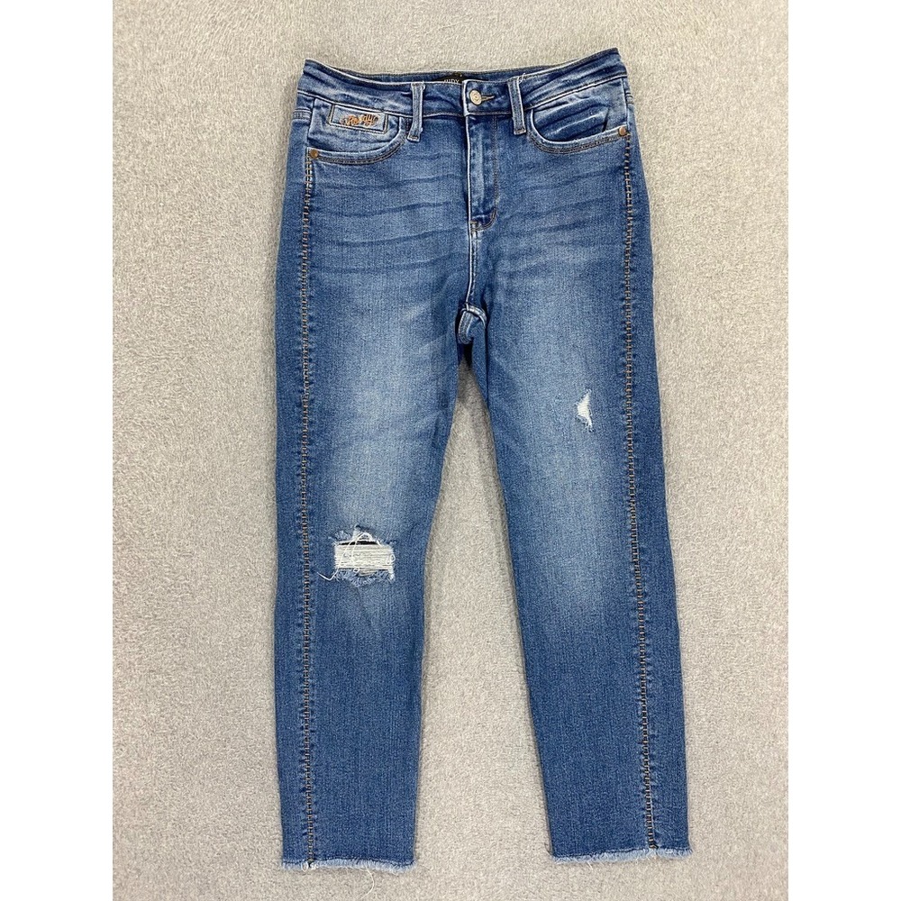 Judy Blue Womens Boyfriend Fit Jeans 5/27 Blue Med Wash Distressed Stretch Denim